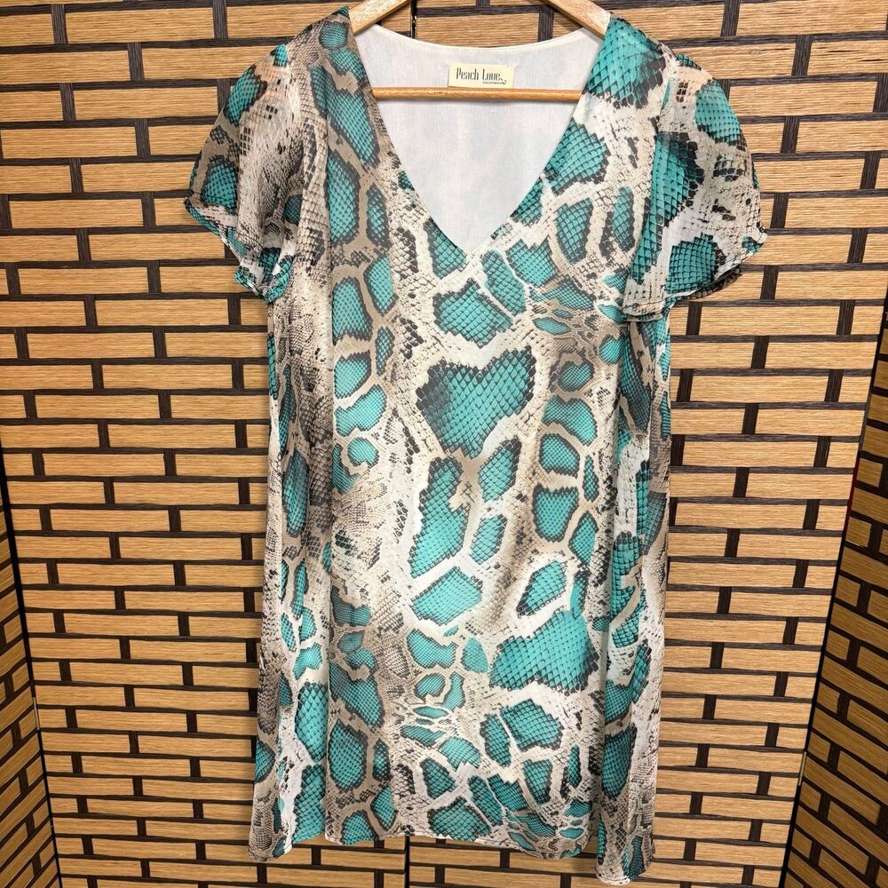 Peach Love California Turquoise Snakeskin Print Dress Size Small‎